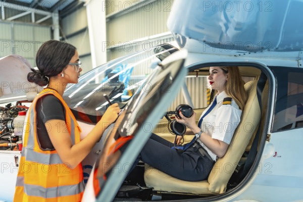 Aircraft maintenance supervisor taking notes while talking to female pilot preparing for flight, inside hangar