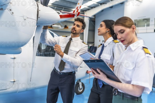 Professional pilots and aviation crew performing detailed inspection and maintenance on a small aircraft inside a spacious hangar