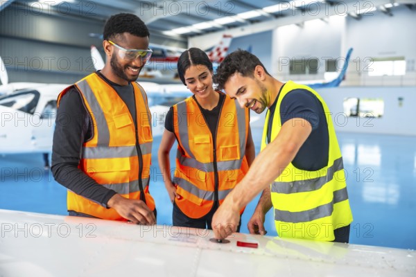 Maintenance team inspecting an airplane wing, ensuring safety and optimal performance while conducting thorough checks in the hangar