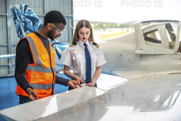Aircraft maintenance engineer and a female pilot are inspecting the wing of a small airplane inside an hangar