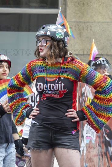 Detroit, Michigan USA - 8 June 2025 - Gay, lesbian, bisexual, and transgender activists and their allies marched for equality in the Motor City Pride parade. Members of the Detroit Roller Derby joined the parade