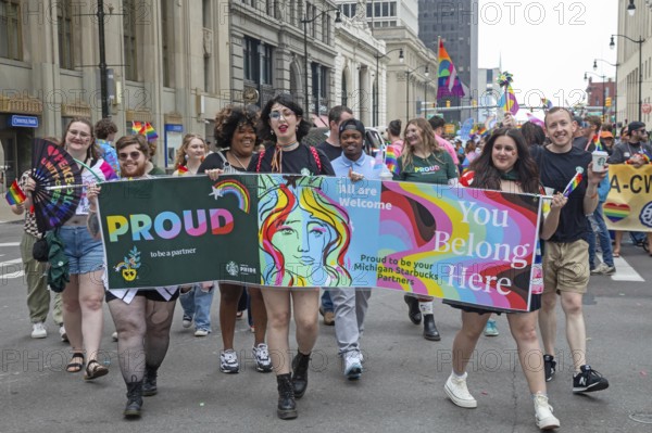 Detroit, Michigan USA - 8 June 2025 - Gay, lesbian, bisexual, and transgender activists and their allies marched for equality in the Motor City Pride parade. Starbucks Coffee workers joined the parade