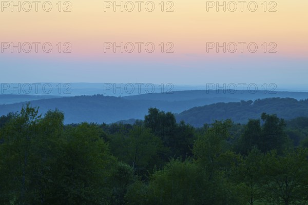 Blue dusk over hills and trees, quiet and peaceful atmosphere, Geishöhe, Dammbach, Spessart, Bavaria, Germany