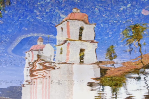 Santa Barbara Mission reflected in the water, Santa Barbara, California, USA