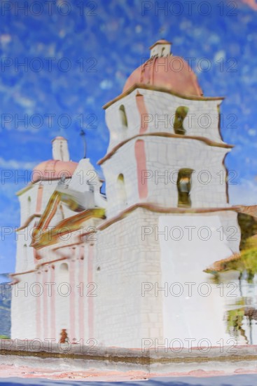 Santa Barbara Mission reflected in the water, Santa Barbara, California, USA