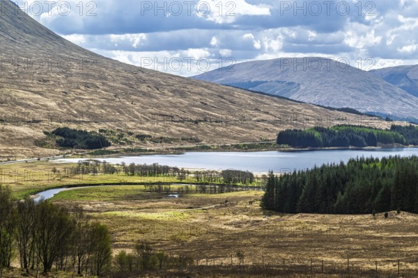 Mountains and Moors over Loch Tulla and River Orchy, Highlands, Scotland, UK