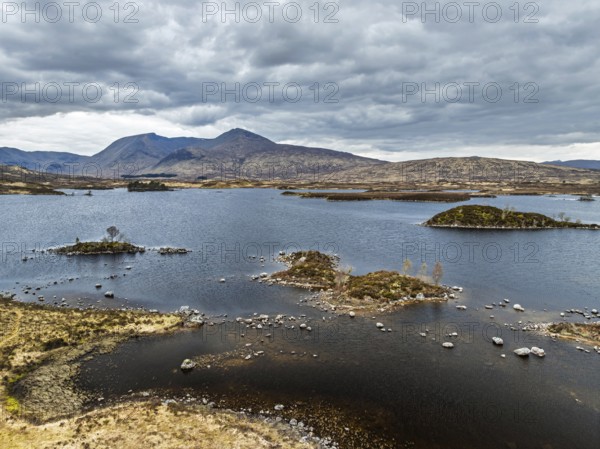 Rannoch Moor from a drone over Loch Ba and Loch of the Armpit, A82 Highland Way, Argyll and Bute, West Highlands, Scotland, United Kingdom