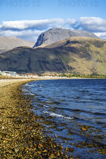 View of Caol Beach and Nevis Range Mountains, Corpach, Fort William, Highland, Scotland, UK