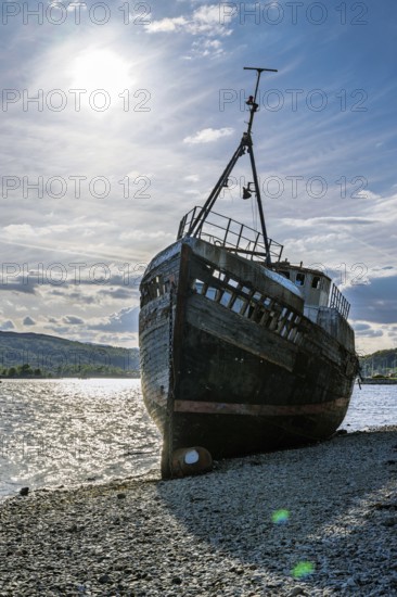 Corpach Wreck or Old Boat of Caol and Nevis Range Mountains, Caol Beach, Corpach, Fort William, Highland, Scotland, UK