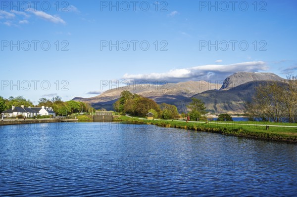 Caledonian Canal, Caol Beach and Nevis Range Mountains, Corpach, Fort William, Highland, Scotland, UK