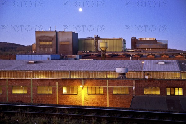 Deutsche Edelstahlwerke in the blue hour with moon, Witten, Ruhr area, North Rhine-Westphalia, Germany
