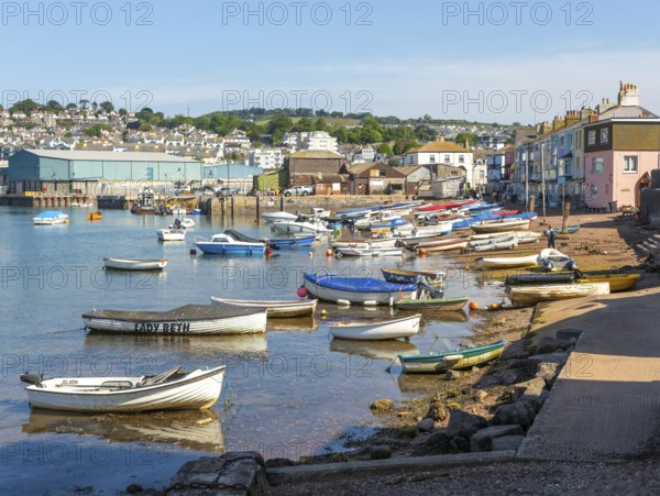 Small boats in harbour at Back Beach, Teignmouth, south Devon, England, UK