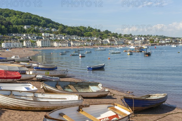 Small boats in harbour at Back Beach, Teignmouth, south Devon, England, UK view to Shaldon