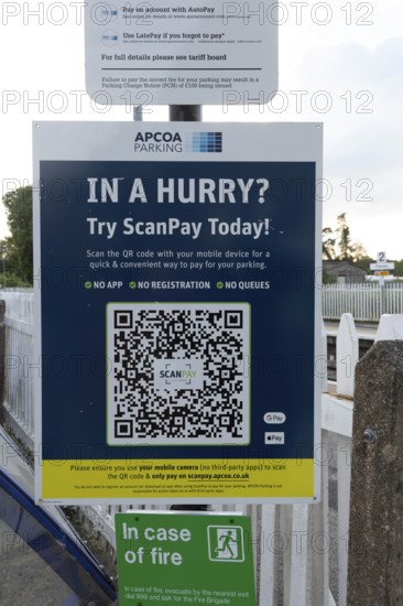 ScanPay Today Apcoa Parking QR code sign, Pewsey railway station, Wiltshire, England, UK