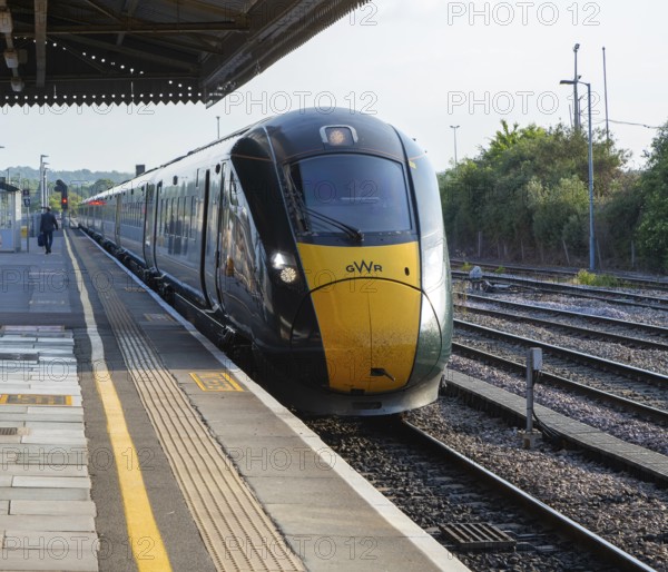 GWR British Rail Class 800 Inter City Express train arriving at platform, Westbury, Wiltshire, England, UK