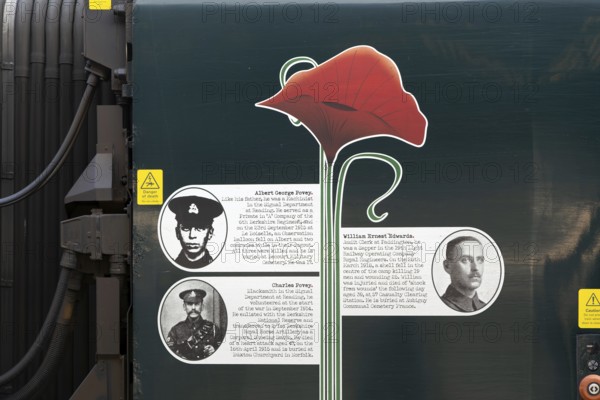 First World War remembrance staff biographies on side of Great Western Railway train, England, UK