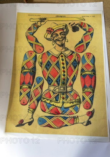 Vintage French colour print Arlequin or Harlequin, Imagerie Pellerin cut-out paper doll figure, c 1850s Imagerie Epinal 1342