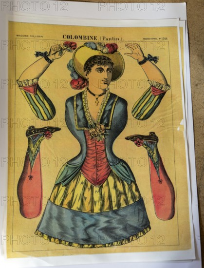 Vintage French colour print poster Colombine Pantin, Imagerie Pellerin, paper cut out doll figure c 1850 Imagerie Epinal 1344