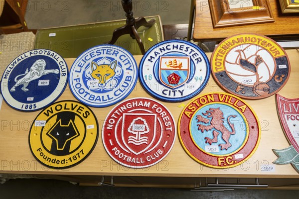 Metal replica football soccer club team crests or badges, Suffolk, England, UK