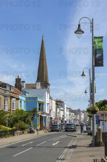 Shops in street of historic buildings, The Strand, Dawlish, south Devon, England, UK