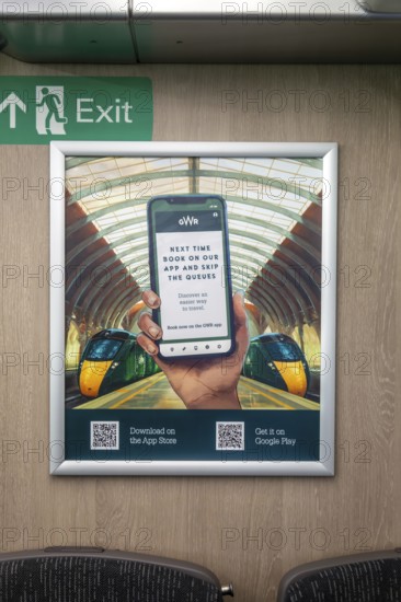 GWR train poster for ticket App using Google Pay, onboard Great Western Railway train, England, UK