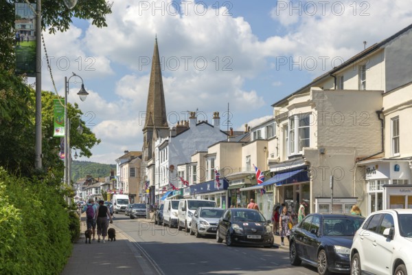 Shops in street of historic buildings, The Strand, Dawlish, south Devon, England, UK