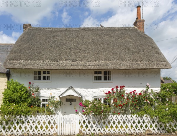 Rose Cottage attractive historic thatched cottage in village of Avebury, Wiltshire, England, UK