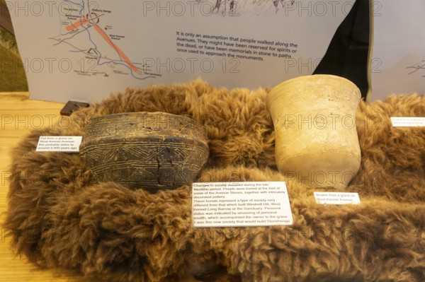 Neolithic archaeology exhibition pottery inside Alexander Keiller Museum, Avebury, Wiltshire, England, UK