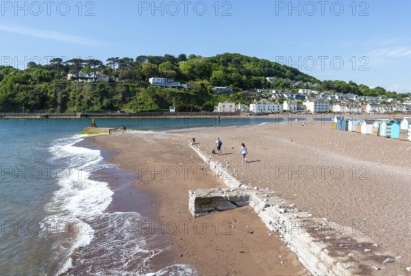 Beach seaside view to River Teign estuary and Shaldon, The Point, Teignmouth, south Devon, England, UK