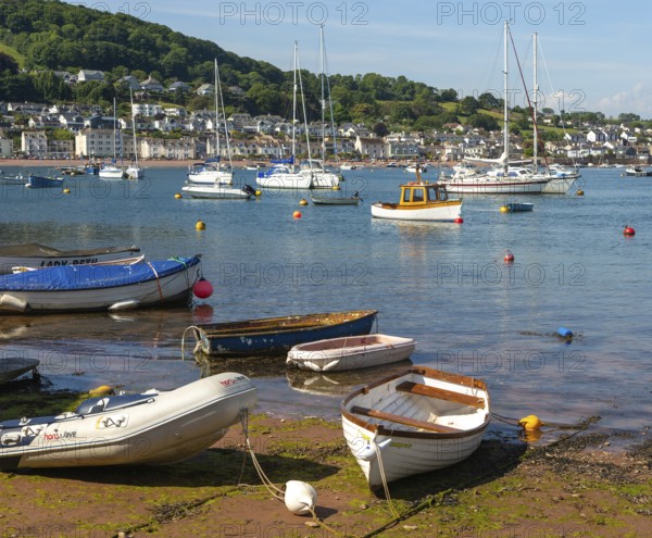 Small boats in harbour at Back Beach, Teignmouth, south Devon, England, UK view to Shaldon