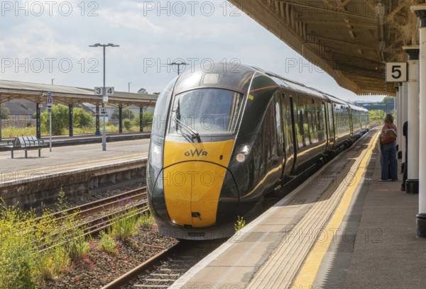 GWR British Rail Class 800 Inter City Express train arriving at platform, Taunton railway station, Somerset, England, UK