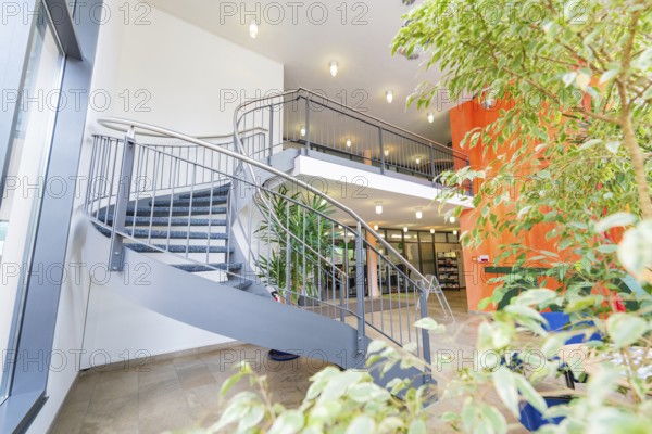 Stylish staircase with modern architecture, lots of light and plants in a building, town hall, family celebration in Neubulach, district of Calw, Germany