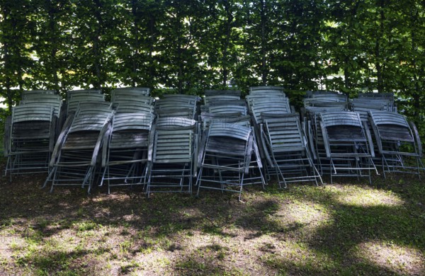 Stacked chairs in the spa gardens, spa town, Bad Hall, Traunviertel, Upper Austria, Austria