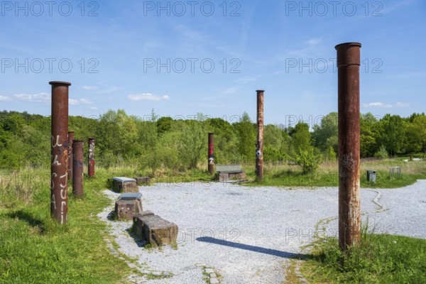 Stelae on the viewing platform at Lake Lippe, reservoir, Sande, Paderborn, Westphalia, North Rhine-Westphalia, Germany