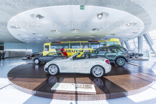 Mercedes-Benz SLK 55 AMG from 2006: Lukas Podolski drove this roadster. The Mercedes-Benz Museum in Stuttgart presents a journey through the automotive history of the global corporation. Collection 4, Gallery of Names. The history of the Mercedes star begins with the first automobile in 1886. 160 vehicles are on display. Stuttgart, Baden-Württemberg, Germany