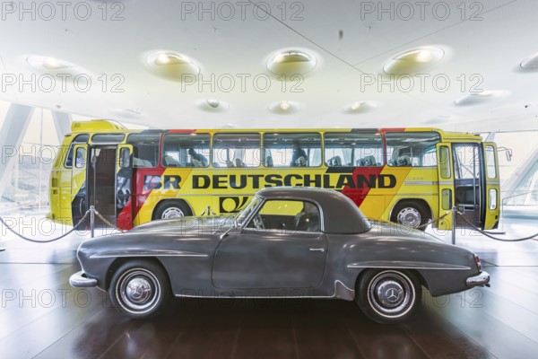 Mercedes-Benz 190 SL from 1959, first and only owner was NASA astronaut David Randolph Scott, seventh man on the moon. The Mercedes-Benz Museum in Stuttgart presents a journey through the automotive history of the global corporation. Collection 4, Gallery of Names. The history of the Mercedes star begins with the first automobile in 1886. 160 vehicles are on display. Stuttgart, Baden-Württemberg, Germany