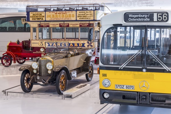 The Mercedes-Benz Museum in Stuttgart presents a journey through the automotive history of the global corporation. The history of the Mercedes star begins with the first automobile in 1886. 160 vehicles are on display, including buses and coaches. Stuttgart, Baden-Württemberg, Germany