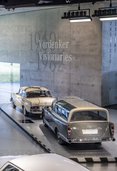 Mercedes-Benz 300 test vehicle from 1960, a one-off from the testing department. Data transmission from the test vehicle, in this case a 220 S, via a long cable. The Mercedes-Benz Museum in Stuttgart presents a journey through time through the automotive history of the global corporation. The history of the Mercedes star begins with the first automobile in 1886. Stuttgart, Baden-Württemberg, Germany