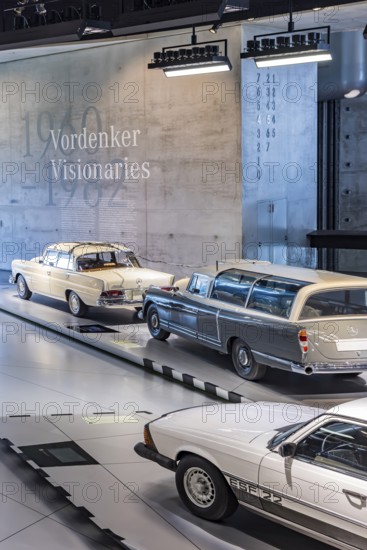 The Mercedes-Benz Museum in Stuttgart presents a journey through time through the automotive history of the global corporation. The history of the Mercedes star begins with the first automobile in 1886. 160 vehicles are on display. Stuttgart, Baden-Württemberg, Germany