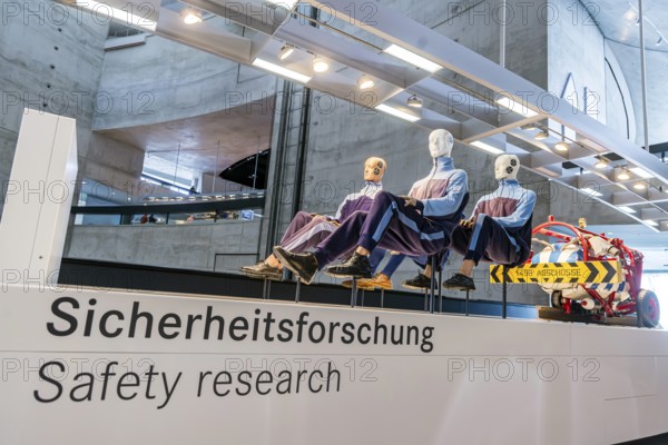 Department Myth 5. masterminds - safety and environment. Safety research with crumple zone and crash test dummy. The Mercedes-Benz Museum in Stuttgart presents a journey through the automotive history of the global corporation. The history of the Mercedes star begins with the first automobile in 1886. Stuttgart, Baden-Württemberg, Germany