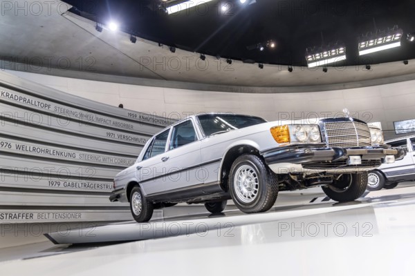 Mercedes-Benz 300 SD from 1980, the first series-produced passenger car to be equipped with a turbocharged diesel engine. The Mercedes-Benz Museum in Stuttgart presents a journey through time through the automotive history of the global corporation. The history of the Mercedes star begins with the first automobile in 1886. Stuttgart, Baden-Württemberg, Germany