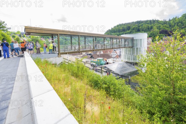 People standing on a modern bridge with city and green views, Zob extension with bridge construction for the new Herman Hesse railway, Calw, Black Forest, Germany