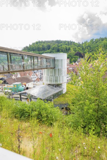 A modern bridge structure in a green landscape with a town in the background, Zob extension with bridge construction for the new Herman Hesse railway, Calw, Black Forest, Germany