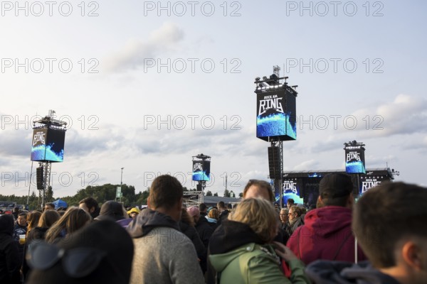 Festival visitors in front of the Utopia Stage at the Rock am Ring Festival on Sunday, Nürburgring race track race track, 08.06.2025