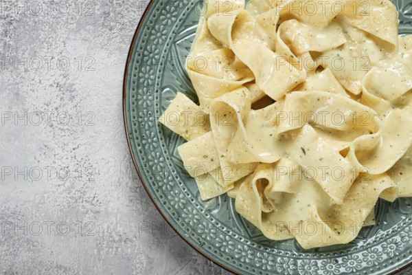 Pasta papardelle in creamy garlic sauce, traditional Italian cuisine, pasta carbonara, homemade, no people