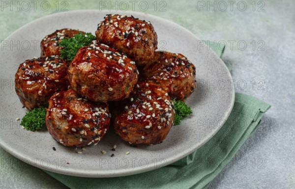 Tsukune, Japanese meatballs, minced chicken, fried on a skewer, with yakitori sauce, homemade, no people
