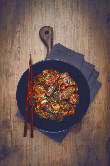 Bulgogi, with mushrooms, with sesame seeds and green onions, Korean cuisine, homemade, no people