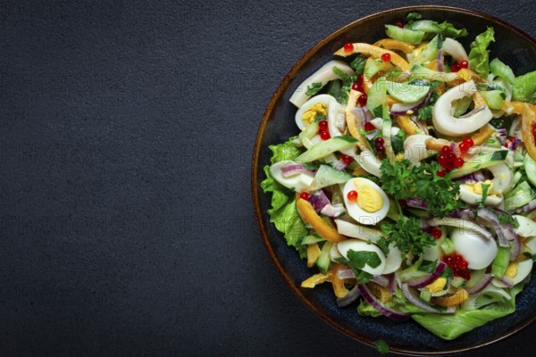 Salad with squid, fresh cucumber, eggs, sweet pepper, red onion, with dressing, homemade, no people
