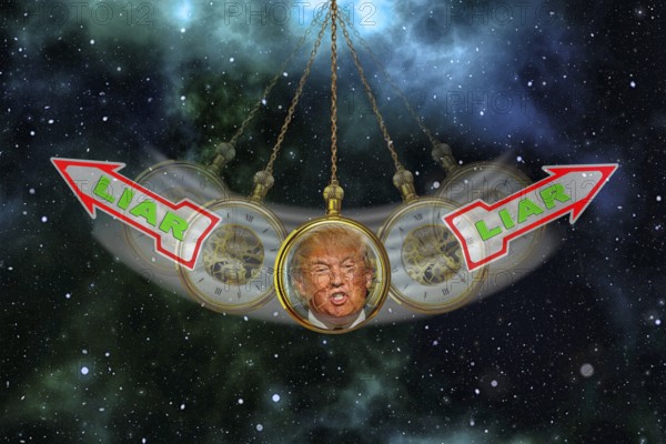 Symbolic image, Trump as a notorious liar in pendulum clock, wrong decisions, genius mania, government crisis, kleptocracy, price development, decision on Bitcoin questionable due to extreme energy demand, stock market prices, insecure digital currency, resources, energy, industry, economy critical, stock market hype, stock market crash, payment, insolvency, maximum profit, profit slump, share prices, Germany as a business location, global economy, globalisation, environmental protection, mafia, Trump government, Bitcoin rally, cryptocurrency, crypto reserve, stock market trading, gold substitute currency