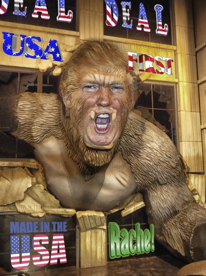 Symbolic image, Trump as KingKong, breaks through the wall for the USA, Bitcoin king, kleptocracy, price development, Bitcoin questionable due to extreme energy demand, stock market prices, uncertain digital currency, resources, energy, industry, economy critical, stock market hype, stock market crash, payment, insolvency, wrong decisions, maximum profit, profit slump, share prices, Germany as a business location, global economy, globalisation, environmental protection, mafia, Trump government, Bitcoin rally, cryptocurrency, electronic wallet, crypto reserve, stock market trading, gold replacement currency